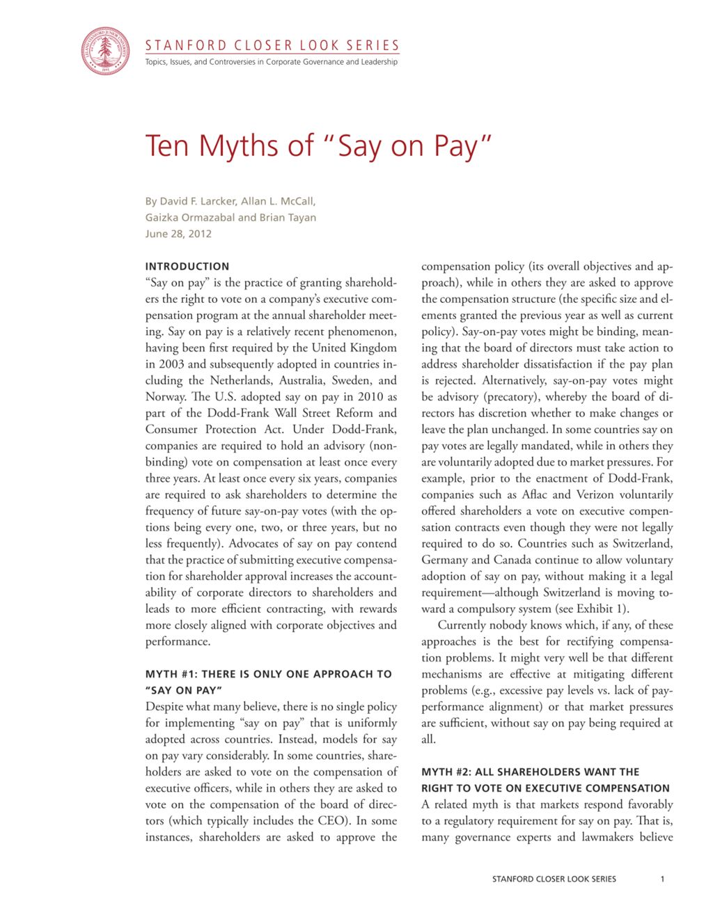 Miniature of Ten Myths of “Say on Pay”