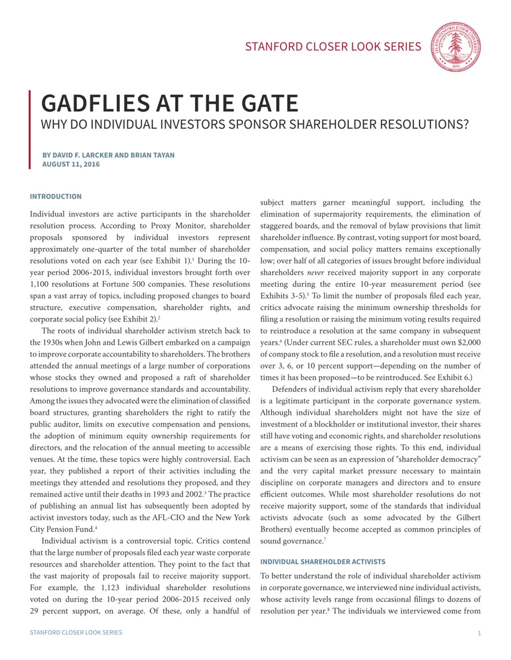 Miniature of Gadflies at the Gate: Why Do Individual Investors Sponsor Shareholder Resolutions?