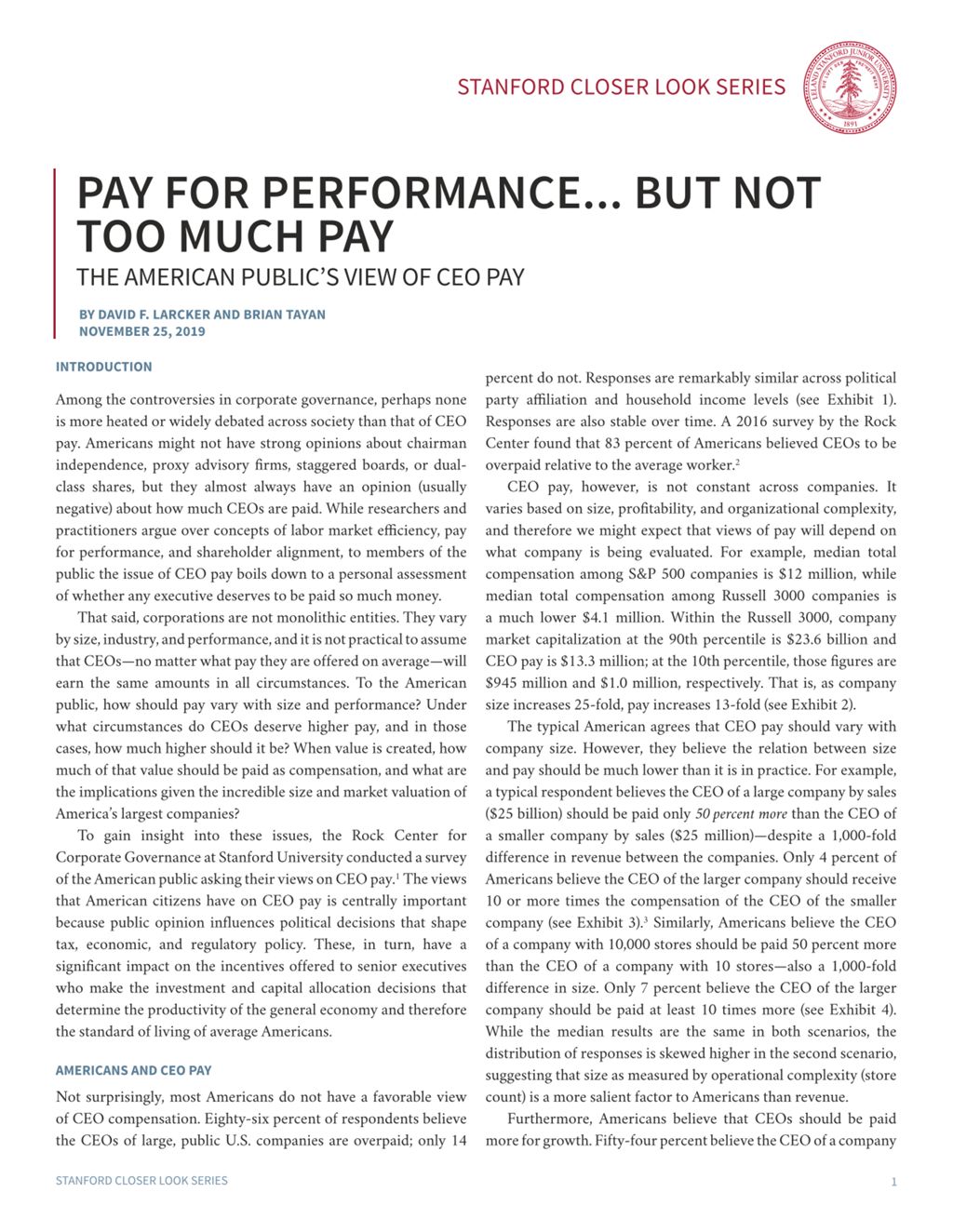Miniature of Pay for Performance … But Not Too Much Pay: The American Public’s View of CEO Pay
